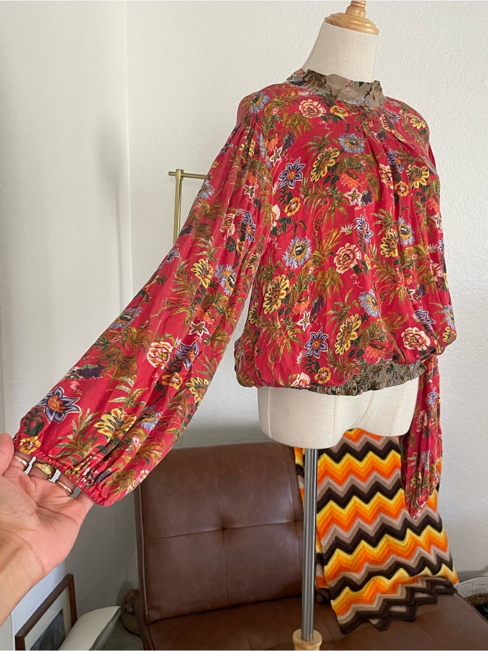 Nikasha Toscana Floral Blouse High Neck Tie Peasant Blouse - Picture 3 of 11